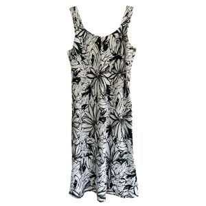 Y2K HABITAT 100% Linen Black White Floral Monochrome Artsy Midi Dress | Size L